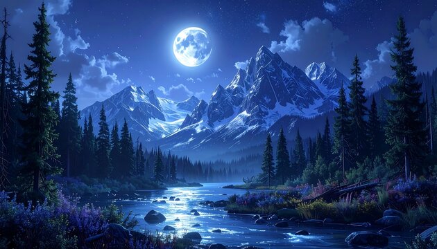 A nocturnal mountain scene. A full moon illuminates a snow-capped peak, with a calm river winding through the forest below - Powered by Adobe