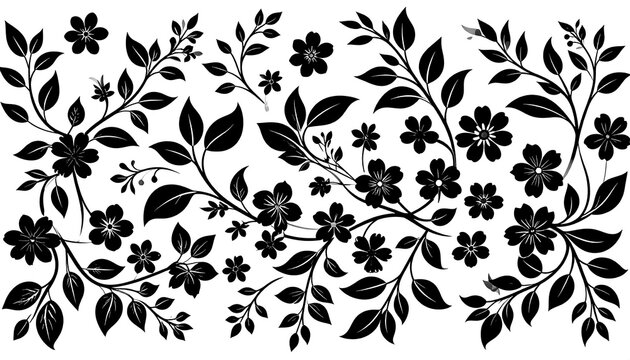 A monochrome floral illustration featuring intricate black silhouettes of blossoms, leaves, and branches arranged on a white backdrop