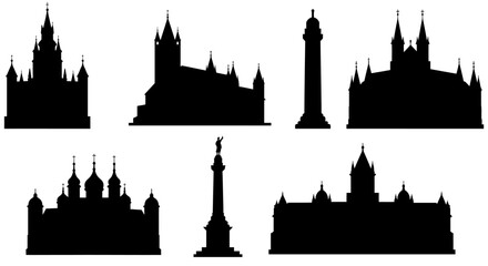 Naklejka premium Silhouette Set of Famous Buildings and Monuments Depicting Architecture & History