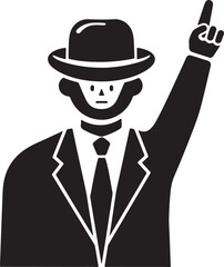 Stylized Man in Suit and Hat Raising Index Finger on White Background person figure