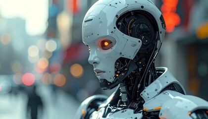 Futuristic robot with glowing eyes in a busy cityscape, thoughtful pose