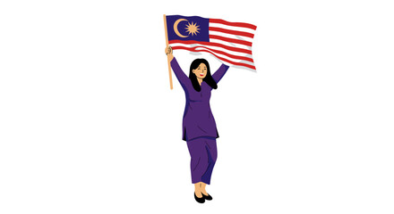 Woman in purple attire holding the Malaysian flag above her head, celebrating.