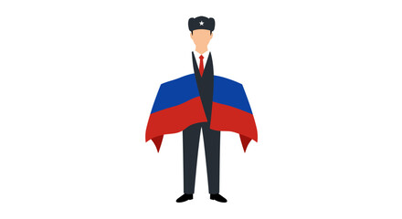 A stylized illustration of a person wearing a hat and draped with a flag.