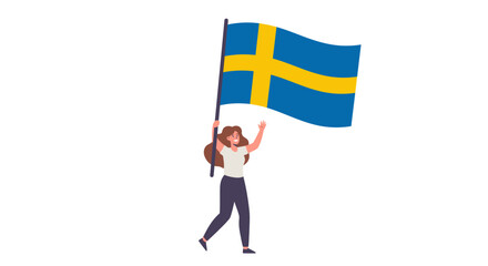 A woman joyfully waves the Swedish flag, celebrating with raised arms and a smile.