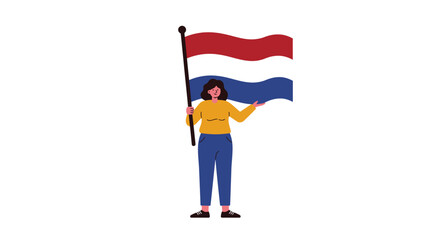 Woman holding the flag of the Netherlands on a white background.