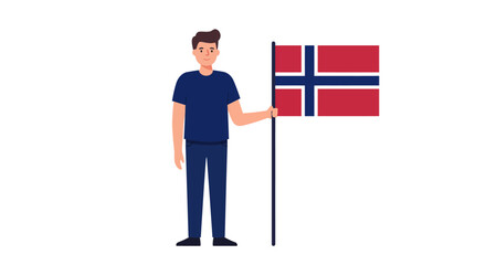 Man holding a Norwegian flag on a pole, standing on a white background.