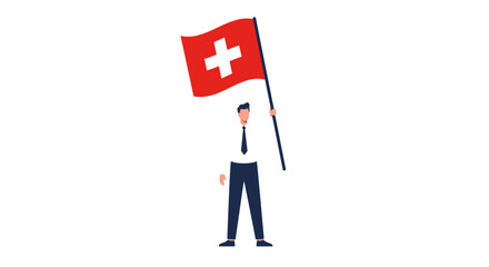 A person in business attire proudly holds aloft the Swiss flag.