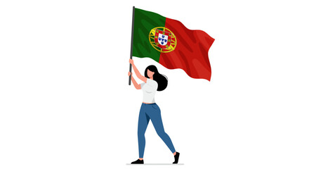 Woman holding and waving the flag of Portugal. Vector illustration of a patriotic female figure.