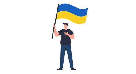 A person stands holding the Ukrainian flag with hand on chest, expressing patriotism.