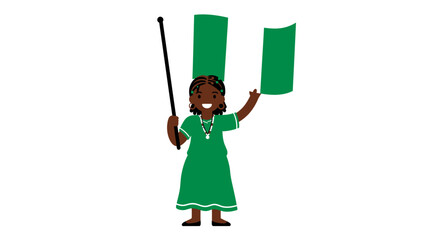 A young girl, dressed in green, joyfully waves the Nigerian flag.