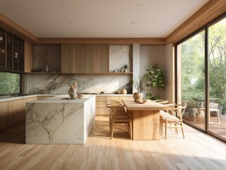 A kitchen with a marble countertop and wooden chairs