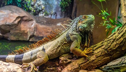 A large, green iguana rests upon a textured log, its head raised with watchful eyes. A rocky, lush background completes the scene