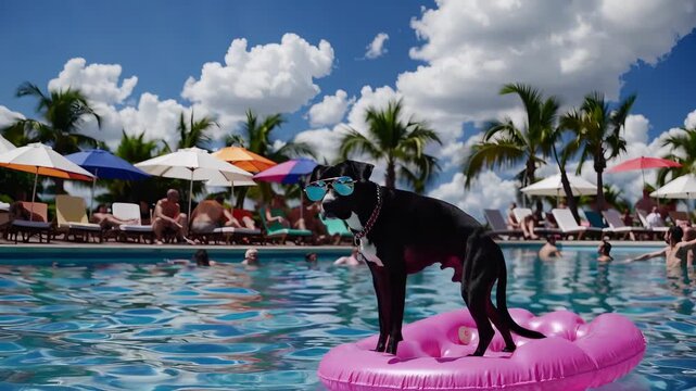 Black dog with sunglasses stands on float. Pool vacation moment. Animal sunbathing. Fun summer for pet. Relax scene. Dog on water during vacation. Beach, sun, animal, sunglasses, relax, dog.