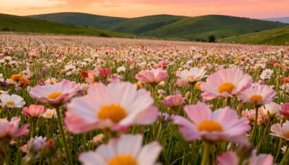 Fototapeta premium breathtaking field of pink and white wildflowers blooming under the warm glow of a sunset, surrounded by soft green hills, capturing the calm and beauty of nature in a peaceful spring landscape