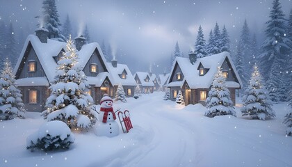 A picturesque winter wonderland village blanketed in snow, featuring cozy cottages, snow-covered Christmas trees, a friendly snowman, and a red sled, all under a softly falling snow.