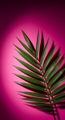 Fototapeta premium Palm leaf with long narrow green fronds against vibrant pink and purple gradient background healthy foliage tropical botanical elongated leaf aesthetic natural plant leaf arrangement