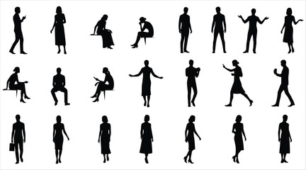 Vector art of diverse group of people in silhouette, each figure telling a silent story through their posture and stance