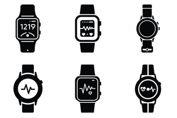 Health monitoring watch silhouette vector icon set