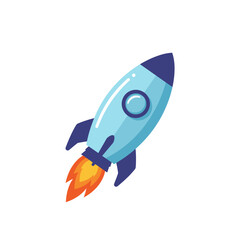 Cartoon rocket launching into space emitting fiery exhaust on isolated on white background
