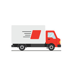 Red delivery truck with white cargo box speed lines and red accent isolated on white background