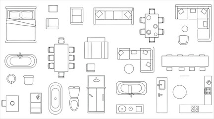 Vector art of top view of a house plan with furniture arrangement architectural plan with sofa, bed, table, chair, bathroom, and kitchen layout