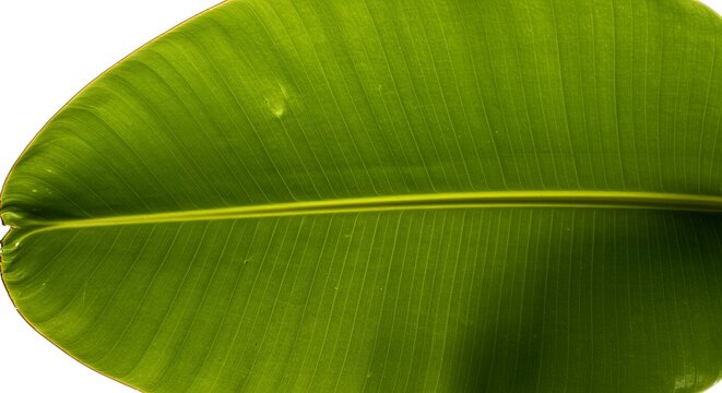 Large vibrant green banana leaf with detailed central vein and textured surface, close-up view highlighting natural patterns and rich color of tropical foliage