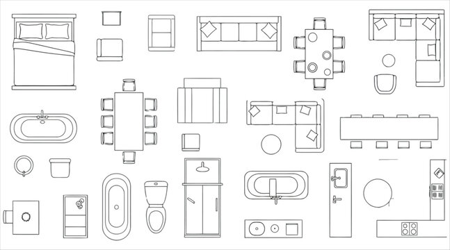 Vector art of top view of a house plan with furniture arrangement architectural plan with sofa, bed, table, chair, bathroom, and kitchen layout