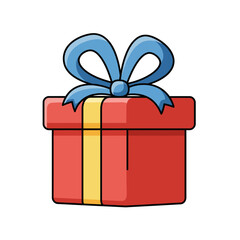 Bright red gift box with blue ribbon celebration present surprise party occasion festive cheer isolated on white background