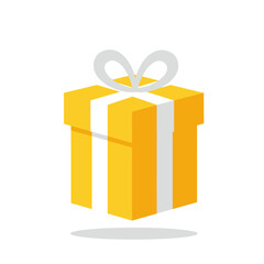 Yellow gift box with white ribbon and bow celebration present wrapped surprise festive occasion isolated on white background