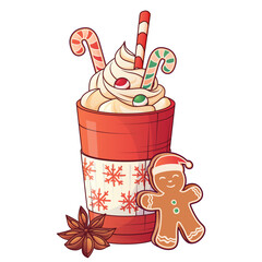 Vector cup of hot chocolate with whipped cream, candy canes, and gingerbread cookie. Cozy festive drink illustration for winter celebration design.