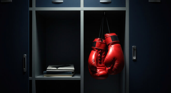 Red boxing gloves hanging in locker with books and sports gear  