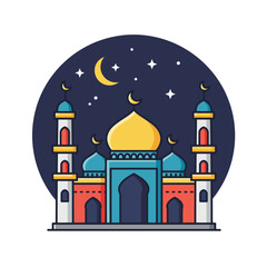 Beautiful islamic mosque under a starry night sky with a crescent moon isolated on white background