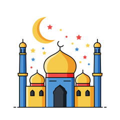 Beautiful islamic mosque with crescent moon and stars religious architecture scene isolated on white background