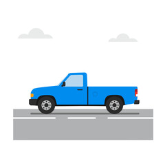 Blue pickup truck driving on road with clouds in sky simple transportation scene isolated on white background