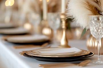 Fototapeta premium Elegant table setting with black & gold plates, gilded flatware, crystal glasses, candlesticks and pampas grass centerpieces for a stylish celebration.