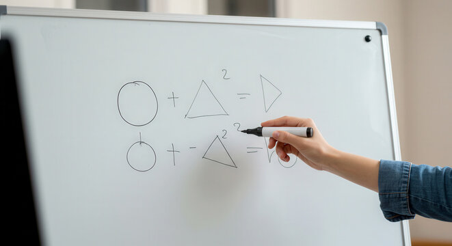 Person writing mathematical equations on whiteboard with marker   - Powered by Adobe