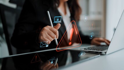 Cybersecurity threat alert protects data. Cyber security threat alert prevents access, alert warns...
