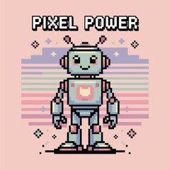 pixel power robot, retro friendly android, heart chest icon, pastel background, cute technology mascot, kids poster vector