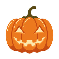 Spooky jack o lantern pumpkin with glowing face for halloween decorations and celebrations isolated on white background