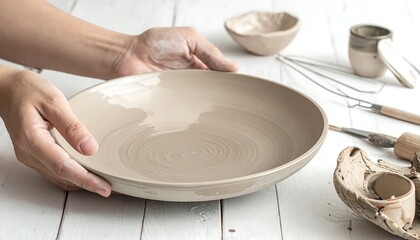 A person's hands gently cradle a newly crafted, unfinished ceramic bowl, placed on a white wooden surface