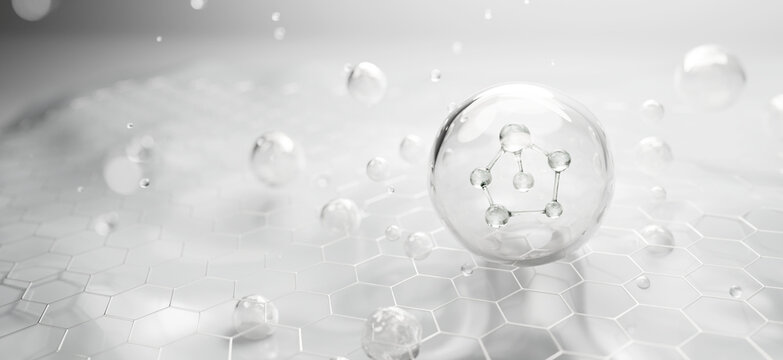 Transparent molecule structure inside floating bubble above hexagon skin cell grid. Skincare science concept representing dermatology technology, hydration and cosmetic ingredient innovation.