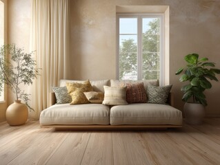 A living room with a white couch and a potted plant