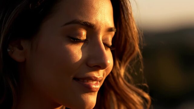 Close up of a young woman with her eyes closed, bathed in the warm glow of golden hour sunlight, conveying peace and serenity vector illustration