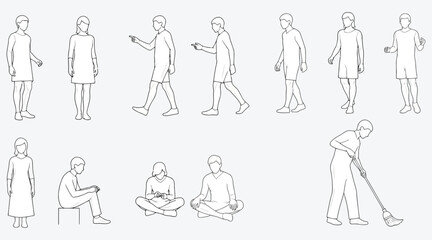 Vector art of people silhouettes in different poses standing, walking, sitting, reading, cleaning, vector illustration of human figures in outline style