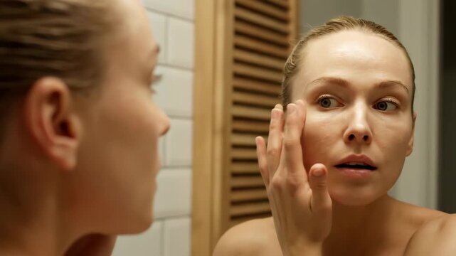 A woman looking in the mirror and applying cream to her face, focusing on skincare and selfcare routine vector illustration