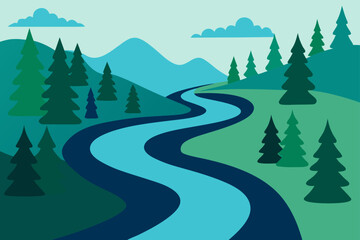 Fototapeta premium River winding through a landscape with pine trees