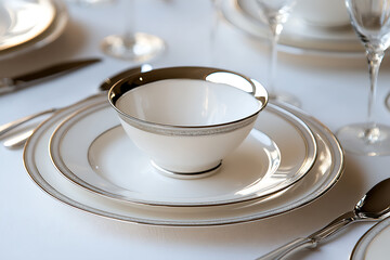 Elegant formal place setting with white china, silver trim, fine glassware, and crisp white tablecloth. Classic luxury for special occasions.