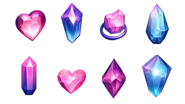 Eight vibrant, stylized gem stones on a black background