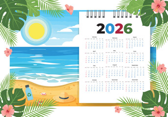 2026 tropical beach calendar vector illustration