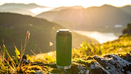 Green travel container on a mossy rock with mountains and sunrise